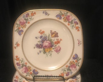 Vtg Squared cake plates  ,(6) Bellek- Coxon,bone china plates floral bouquets square - 24k gold -by C Reizenstein& sons