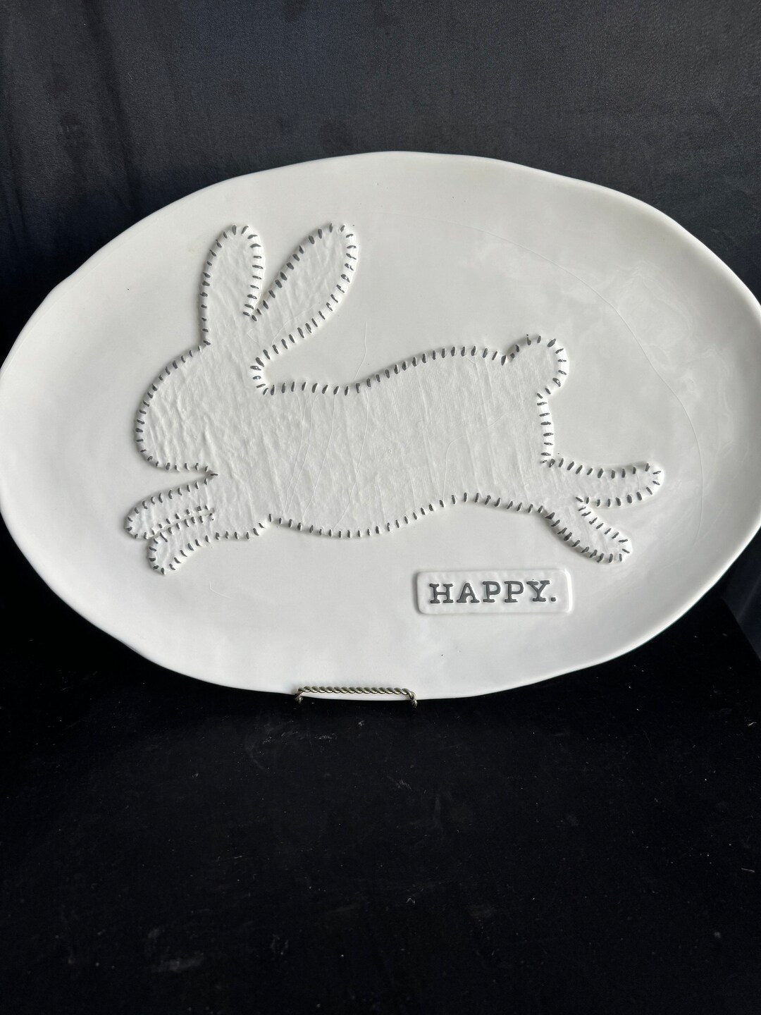 Bunny Platter, Oval ,raised Outline Stitched Rabbit , Inscribed ,HAPPY ...