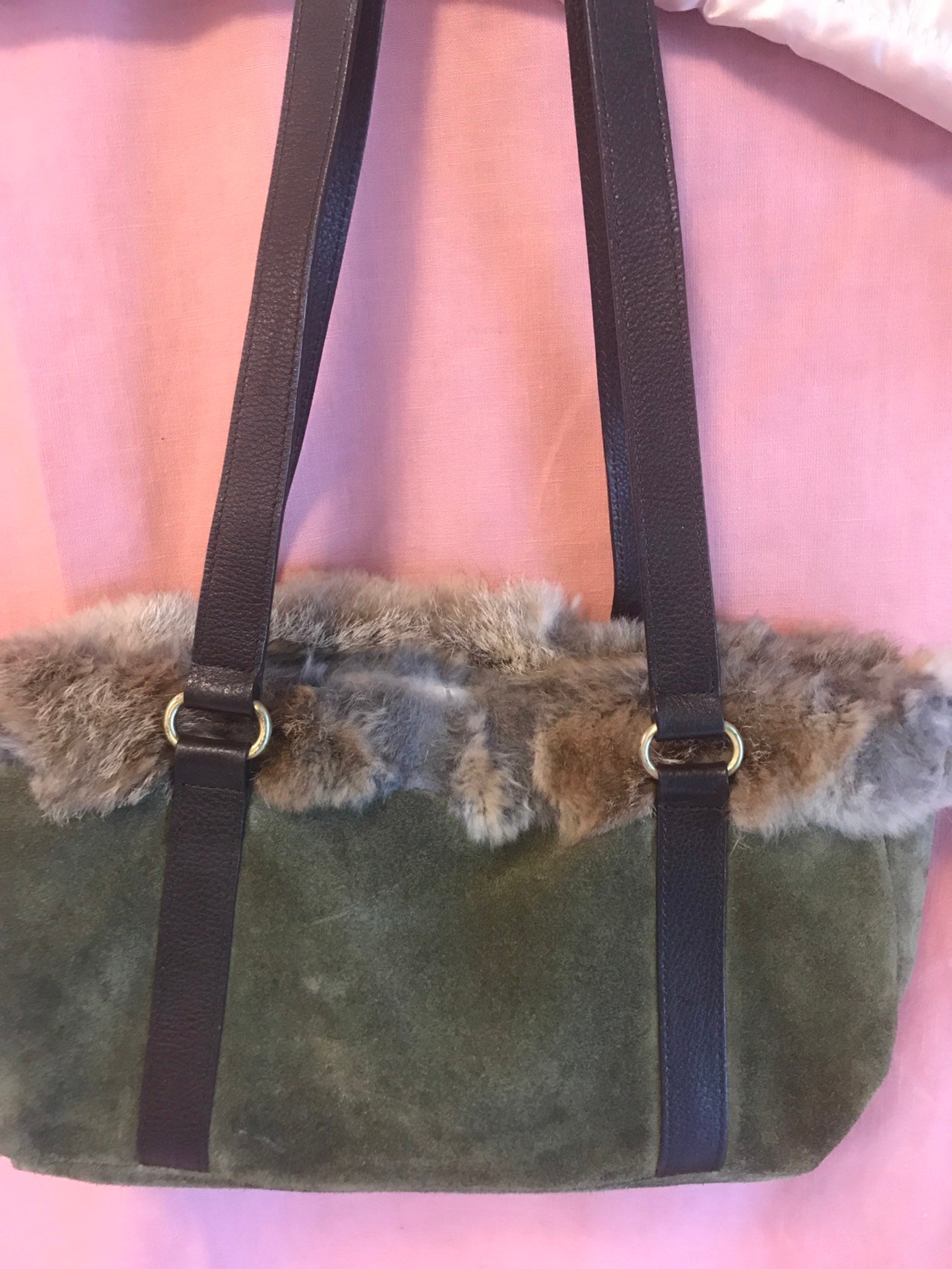 Vintage Paradox Leather Green Suede rabbit Fur Trim Handbag Etsy