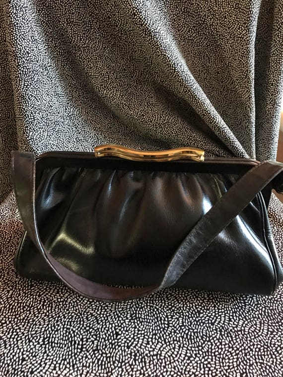 Vintage Black leather crimped handbag, 50’s