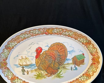 Vtg melamine  Turkey platter ,oval , depiction of Colonist settlers , Mayflower