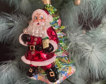Retired Christopher Radko Blown Glass Millennium Cheer Ornament, Santa w/Tree & Champagne (2000)