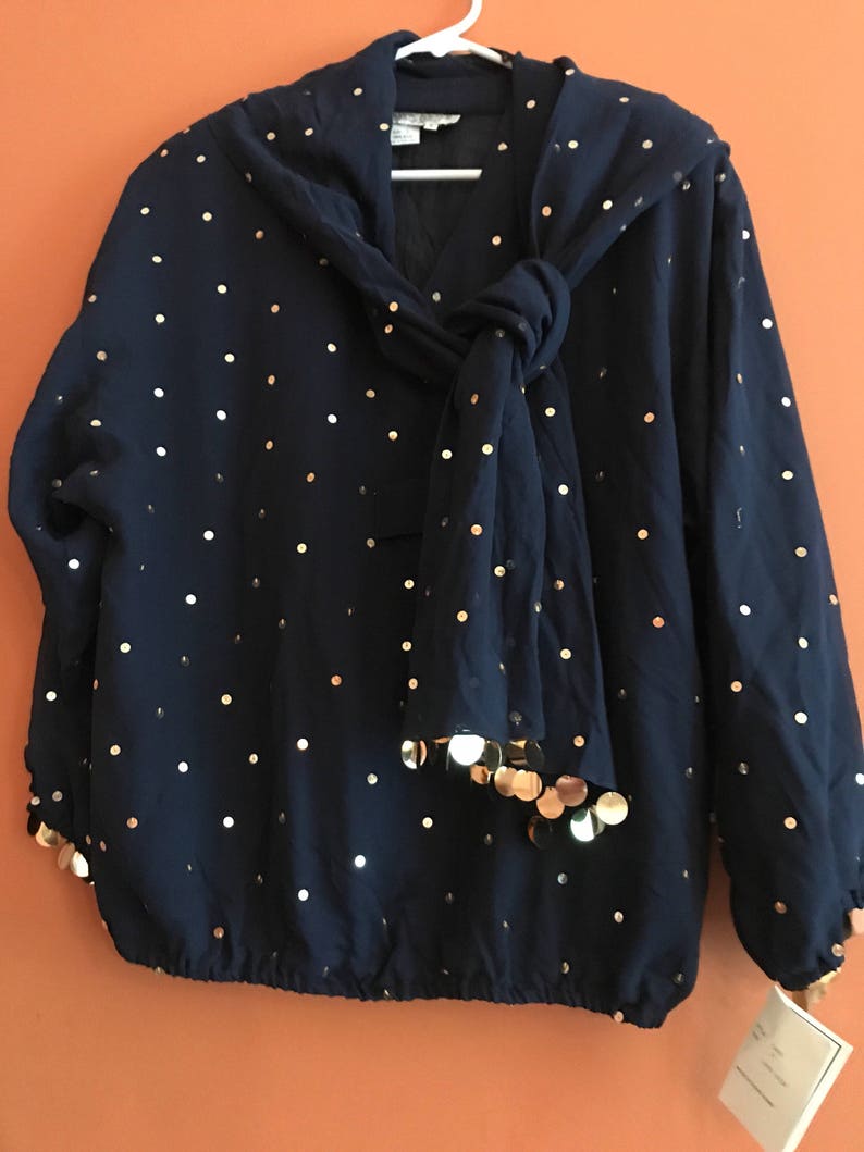 navy blue Bonnie Boerer silk blouse /& pant set gold sequins NWT Sz Small