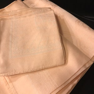 Vintage  tablecloth set with  6 napkins, peach, squared ,embossed design , 52x52