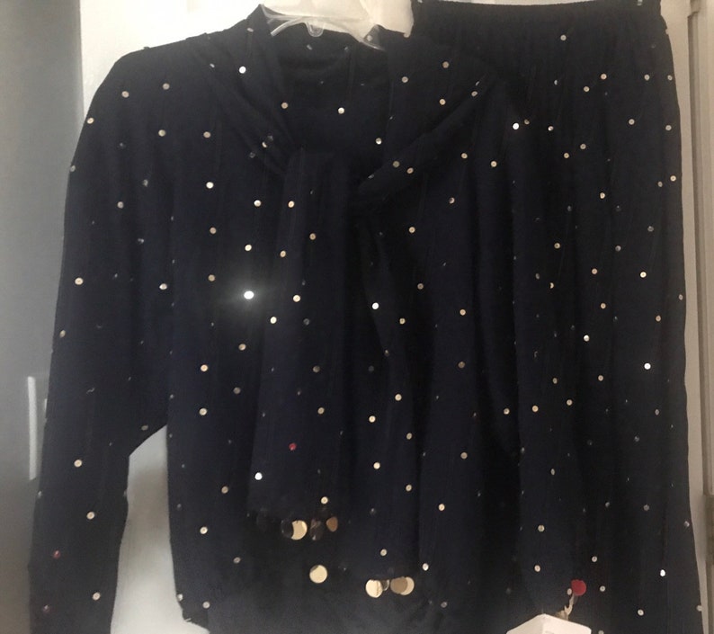 navy blue Bonnie Boerer silk blouse /& pant set gold sequins NWT Sz Small