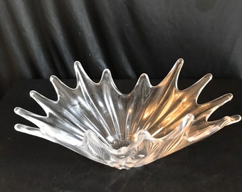 Glass bowl , Art glass , Art Vannes clear fruit bowl - free flow centerpiece - stamped France- sea urchin - starburst design