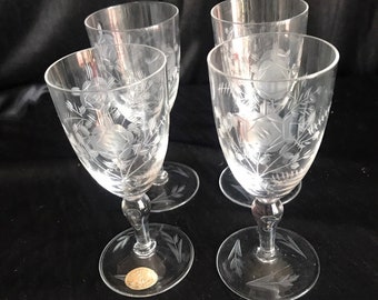 Elegant Crystal  stemware(4 )Fostoria etched  stemware tableware glasses , etched rose design