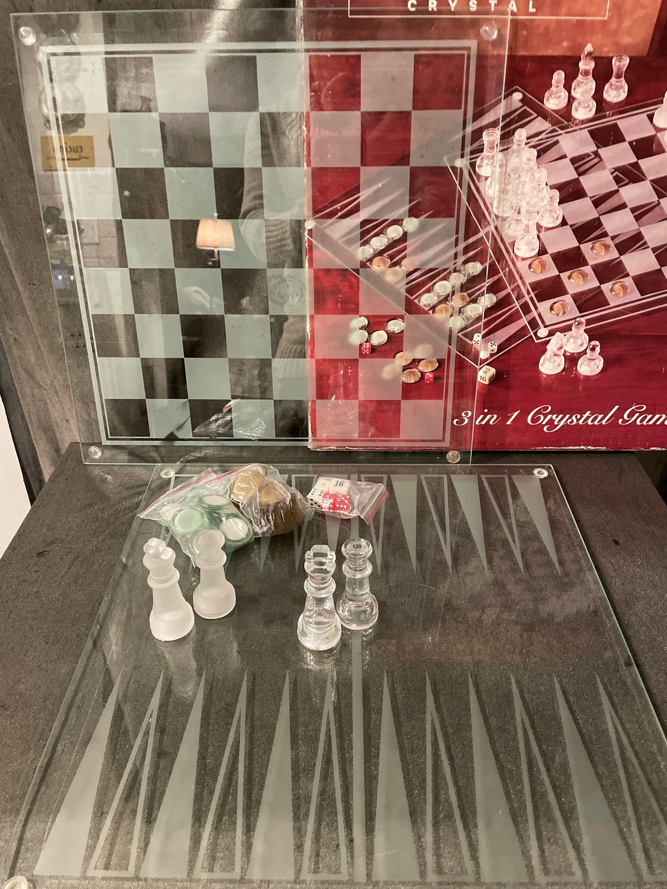 Genuine Sonoma 3 in 1 Glass Game Set Chess Checkers & Backgammon NIB