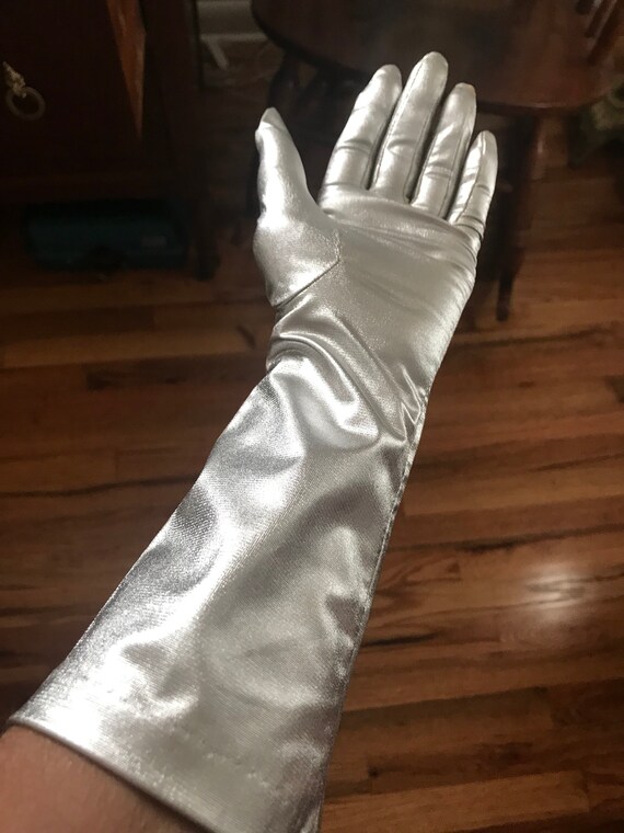 Cocktail  gloves Silver ,lame 3/4 length gloves -… - image 2