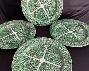 Cabbage ware  dinner plates (4) Green, 10 1/2’,Bordallo Pinheiro stoneware,pottery,majolica, glazed,scalloped, white vein
