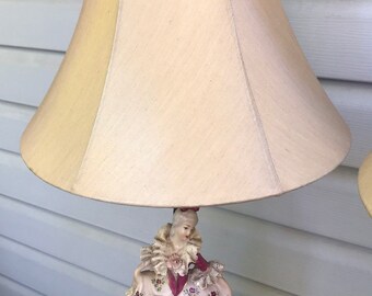 Porcelain lamp set 2 side table lamps  porcelain figurials women ,lamps ,brass filigree