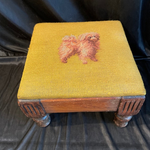 Victorian foot stool , tapestry , center Sheep dog design  , small , vintage