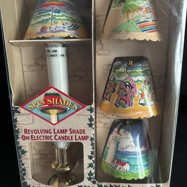 Spin shade revolving  electric lamps , NiB , Themed Summer scape , 4 interchangeable shades,plug in lamps , lighting , whimisacal lamps