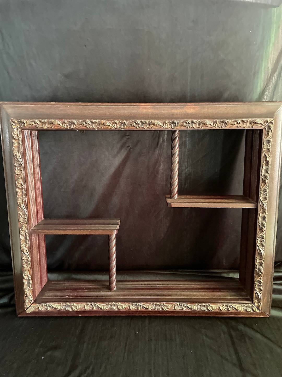 Vtg Shadow Box Wall Display , Flush Mount Notched Shelves, Turned