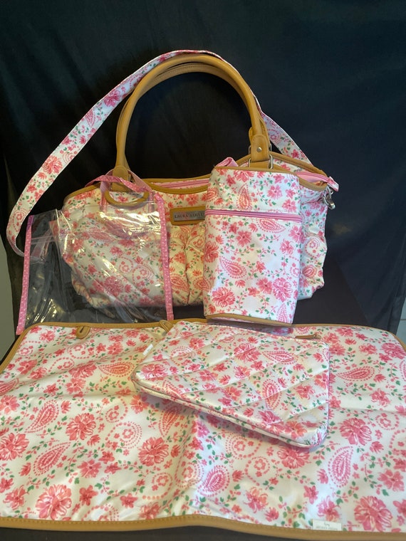 New Girls deluxe Diaper 6 Pc all Day Travel Diaper Bag Everything Bag easy Clean quilted Tote pink Floral Paisley Print Laura Ashley Etsy