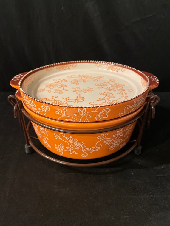 Stoneware Cookware , Temptation, Floral Lace Pattern ,lidded Cassoulet With  Rack 