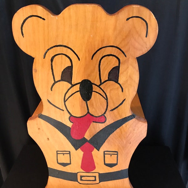 Toddlers step stool chair ,Teddy bear , painted ,wood,back rest with cubby shelf  , hand crafted