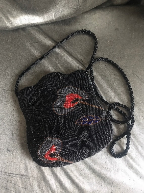 Beaded cross body - poppies - Indian bead- evening
