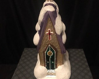 Rare Christopher Radko Blown Glass Steeple Church Ornament, Lavender Stained Glass