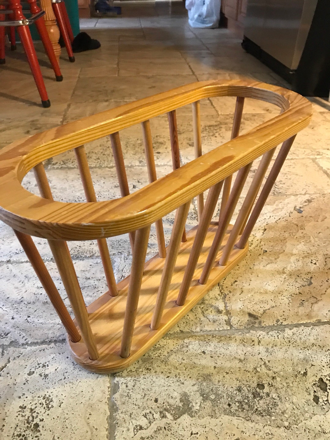 Mid Century Modern Magazine Rack ,open Wooden Spindle Oval