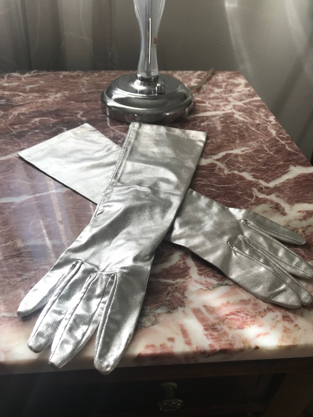 【mame24ss】Lamé JerseyEvening Gloves Cocktail Gloves Silver ,lame 3/4 Length Gloves ,size Small ,formal
