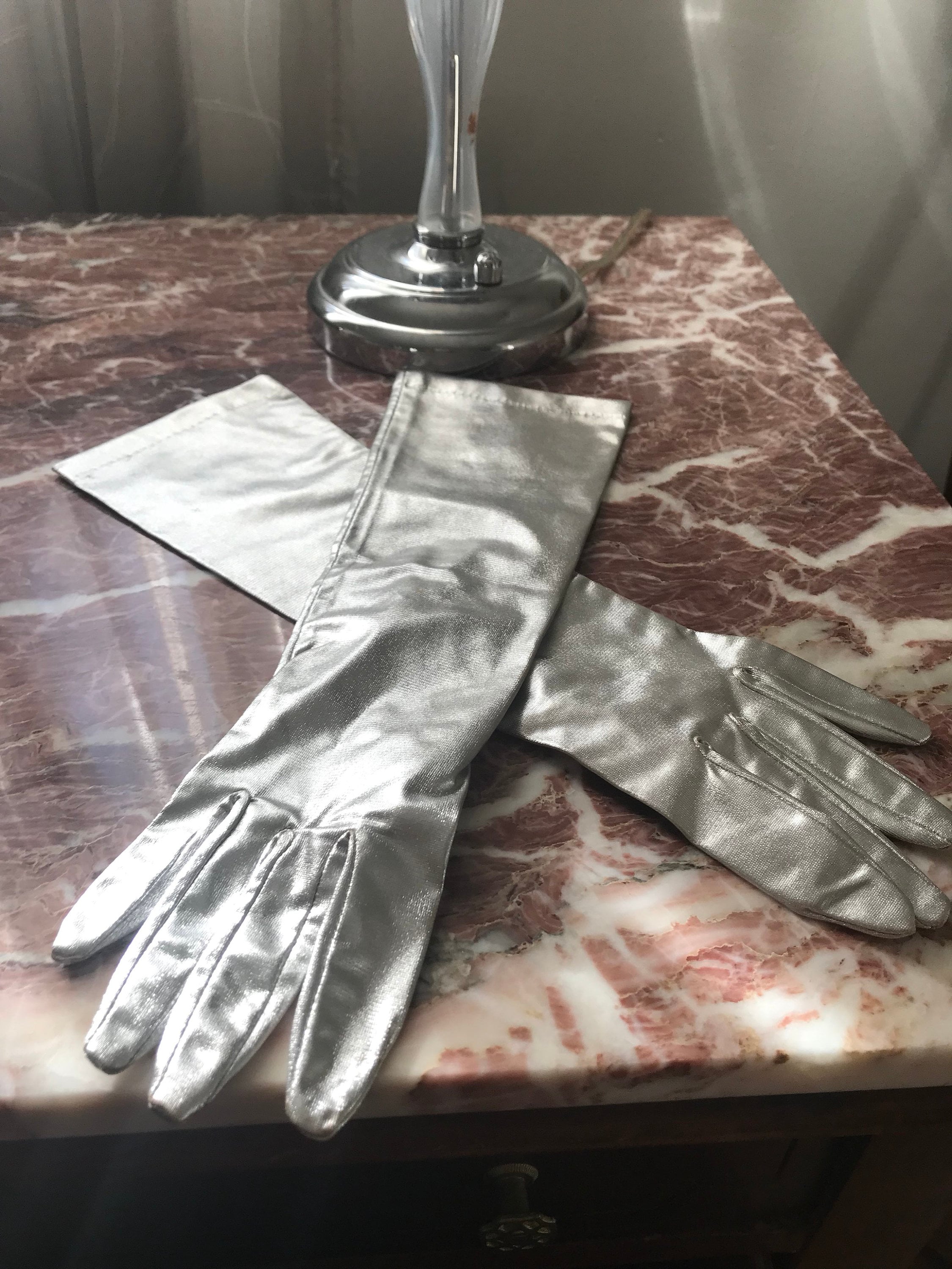 Cocktail Gloves Silver ,lame 3/4 Length Gloves - Size Small 