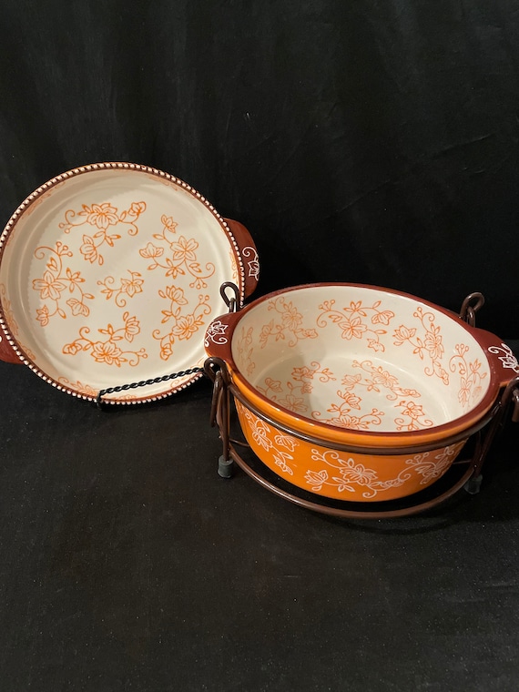 Stoneware cookware , Temptation, Floral lace pattern ,lidded Cassoulet with  rack