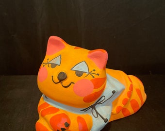Vtg Pottery Bank, Cat , orange tabby , striped ,made in Italy