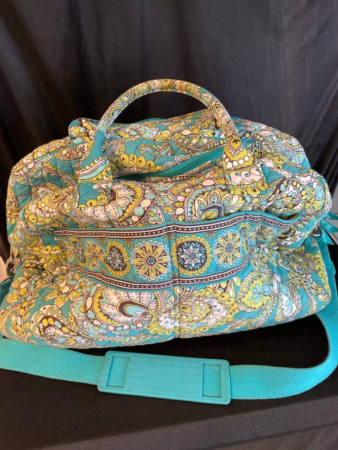 Vera Bradley overnight bag shoulder strap handl zipper large outer zipper compartment teal chartreuse brown Etsy