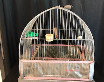 Bird cage  ,galvanized Metal,aluminum with  accessories included-hanging bird cage cathedral shape parakeet,small bird cage, Vintage
