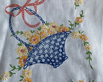 Vtg cotton  table cloth- themed floralbasket,borders, embroidered borders blue , yellow card table tablecloth 38 x46