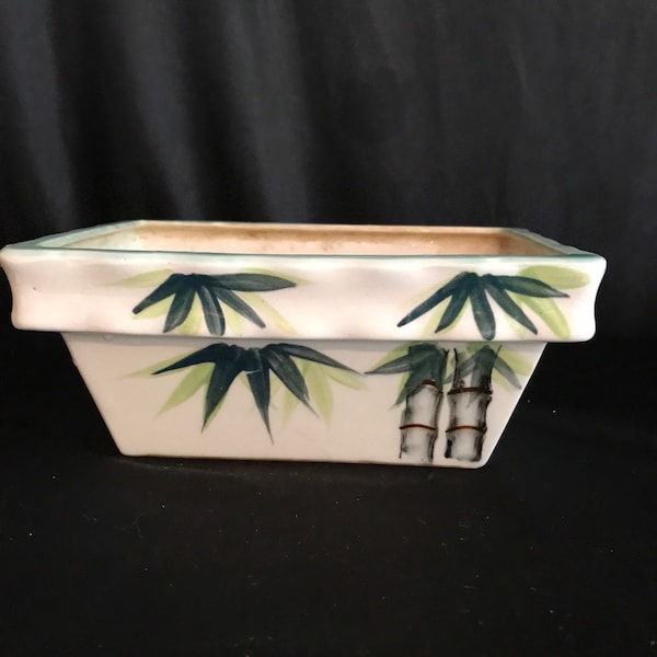 Asian bonsai planter - textured- bamboo design, hand painted - rectangular . Pottery