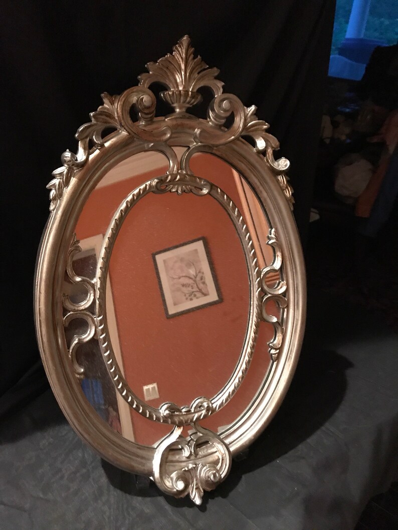Ornate Antique Carved Wood Brushed Silver Mirror Oval Victorian Decorative Style