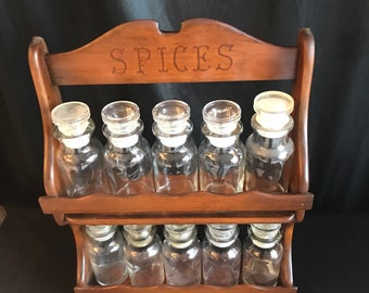 Wall Spice rack set ,10 glass Wager original  jars , twist top, Federal , scalloped, rustic farmhouse