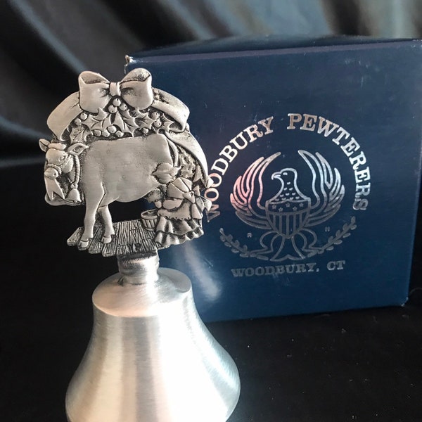 Pewter dinner bell - cow ,prize ribbon ,Woodbury Pewterers - Connecticut ,Federal ,NIB - host gift,shower gift Easter ,Mother day gift