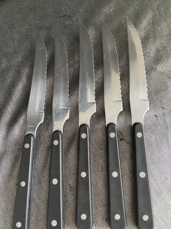 Vtg Steak Knives , Serrated , Black Handles , Stainless-steel ,J A
