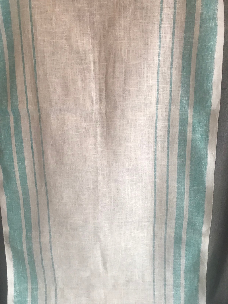 linen Vtg teal /& ivory stripped Table runner with kitchen towels cotton french Le Musset