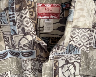 Mens XL Hawaiian Shirt: RJC Island Landscape Print, Made in Hawaii
