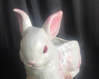 Vtg white Bunny  planter ,Tabletop ,white & pink painted , glazed ,japan, Easter gift idea , Easter Home decor