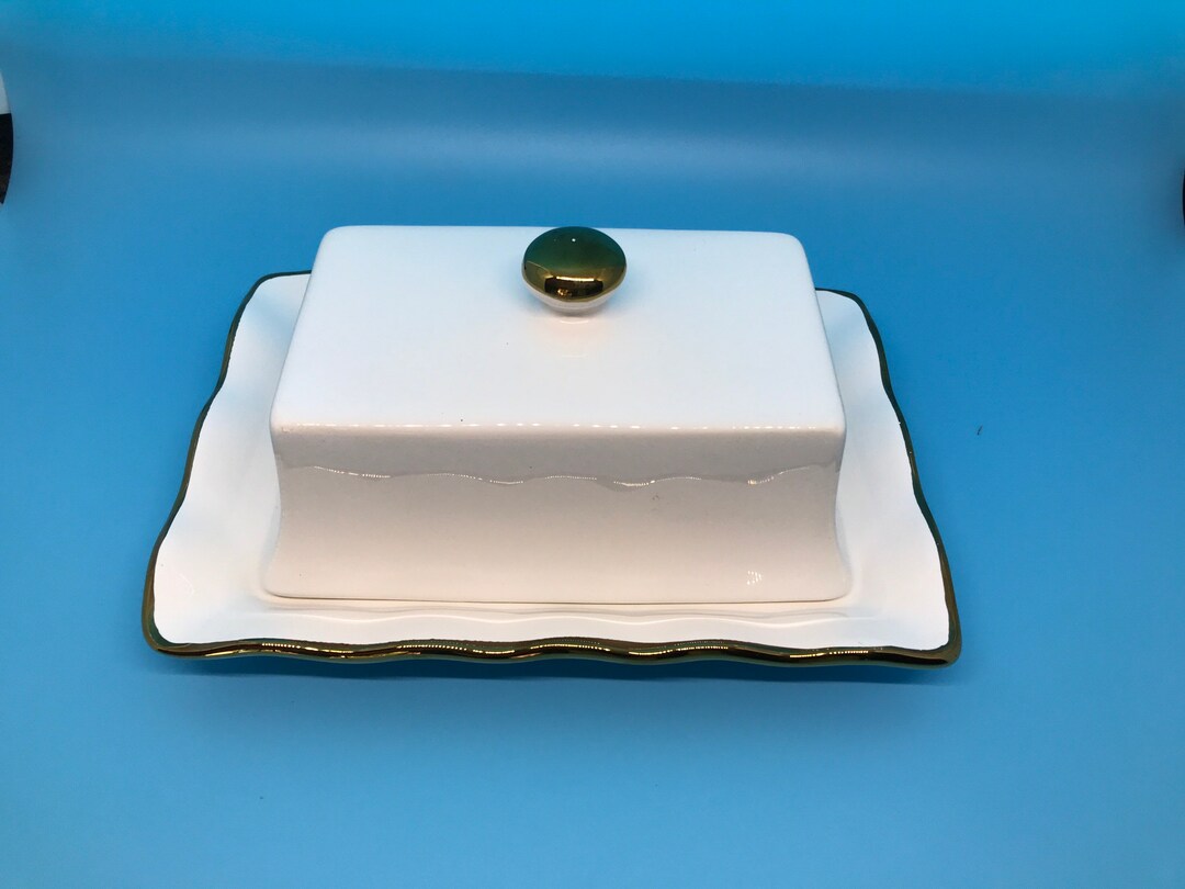 Nicole Miller Ceramic Butter Dish: White With Gold Trim - Etsy