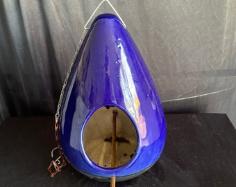 Bird house , feeder , cobalt blue ,teardrop shaped , ceramic , yard , outdoor decor