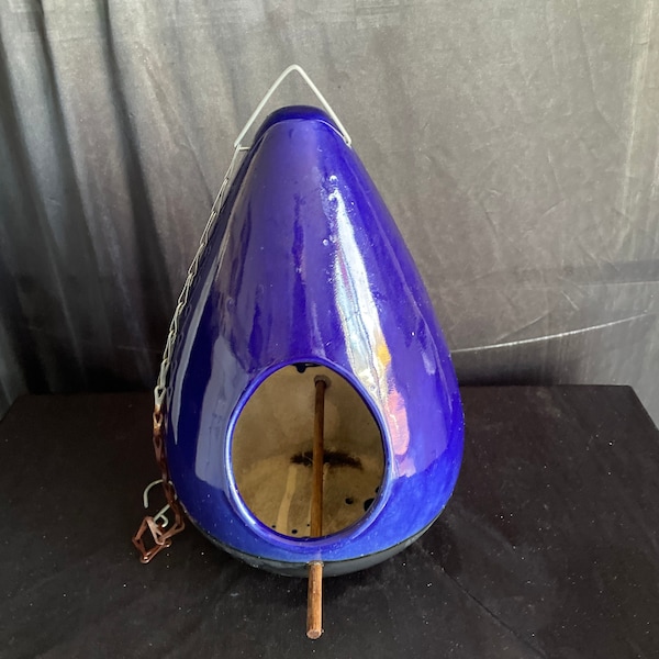 Bird house , feeder , cobalt blue ,teardrop shaped , ceramic , yard , outdoor decor