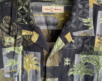 Tommy Bahama Hawaiian Shirt (M): Black Palm Tree Color Block