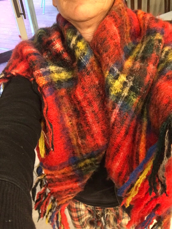 Imp Wool shawl ,wrap pashmina, red plaid ,fringed… - image 3