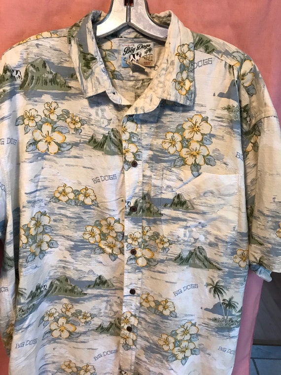 Vtg Mens Hawaiian Shirt XL Made in Usa earthtones Front Pocket Hibiscus Mountain palm Tree big Dog Inscribed Etsy
