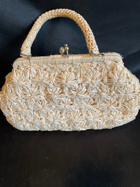 Vtg woven Neutral handbag, top handle ivory , Rais