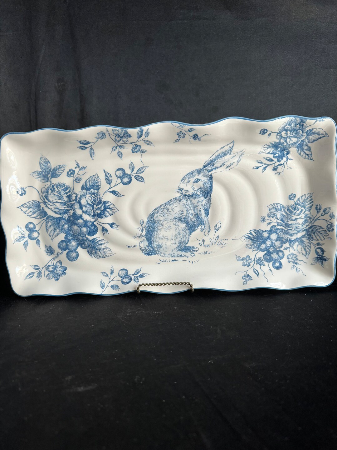 Blue &white Toile Bunny Platter , Designer Max Cera Rectangular