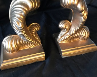 Ornate Bookends set , Art Nouveau  feather ,antique goldfinish ,metal cast ,Victorian