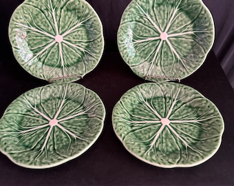 Bordallo Pinheiro ,Green cabbage plates ,4, salad ,appetizer,dessert ,7 1/2”,small plates earthenware majolica ,Art pottery,Portugal