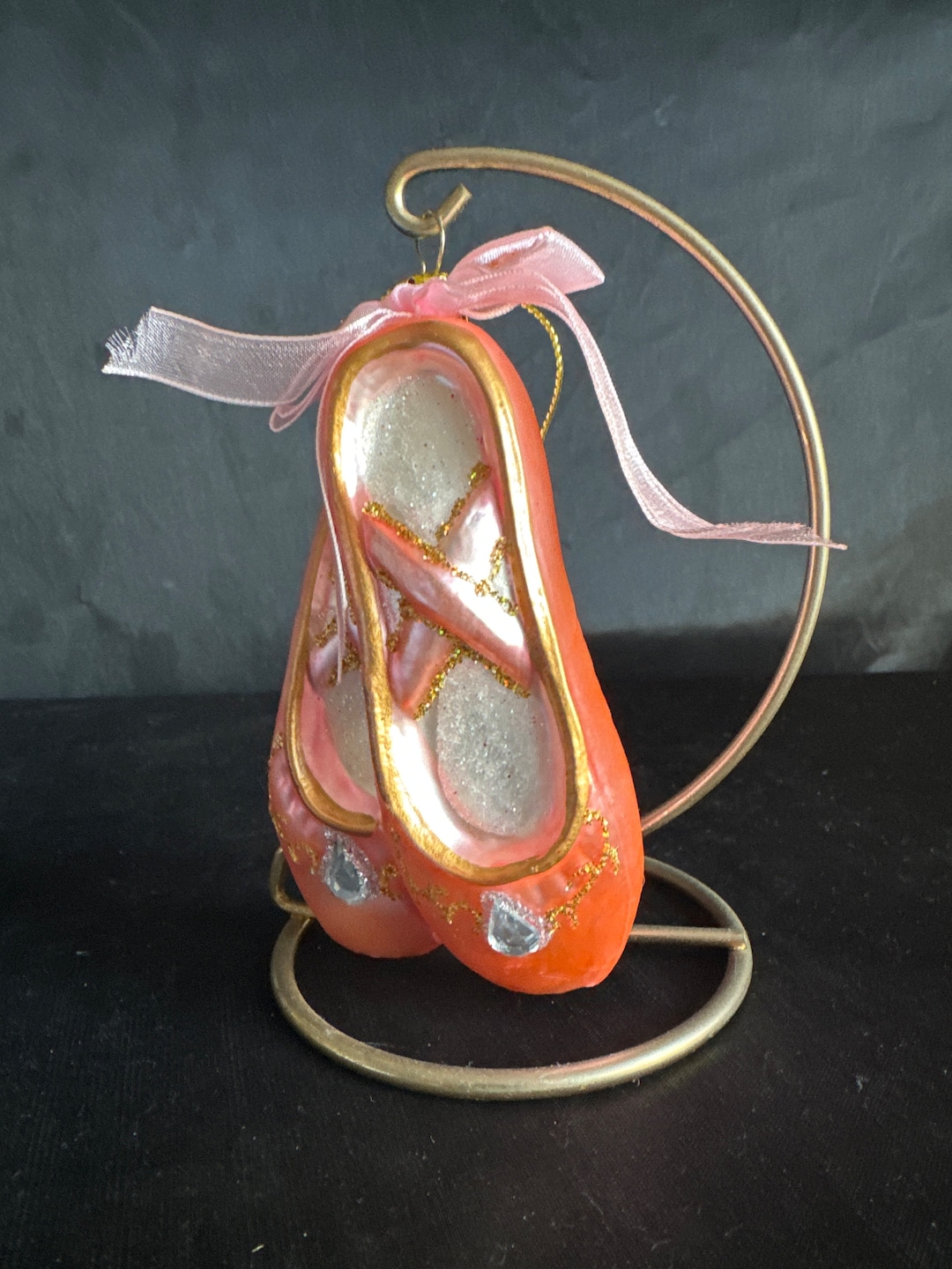 Pink Ballet Slippers Ornament , Glass With Gold Glitter Design